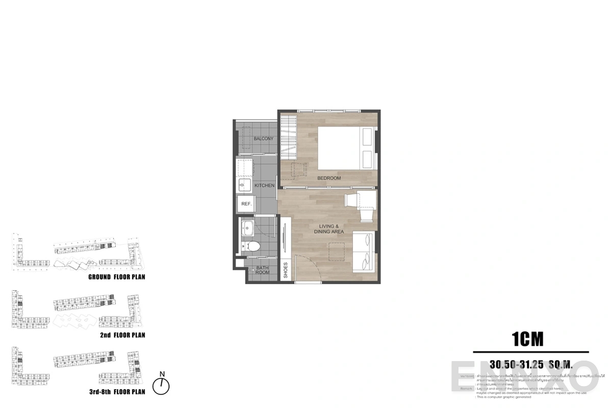 รูปแปลนห้อง 1CM ของโครงการ ดีคอนโด รีฟ ภูเก็ต