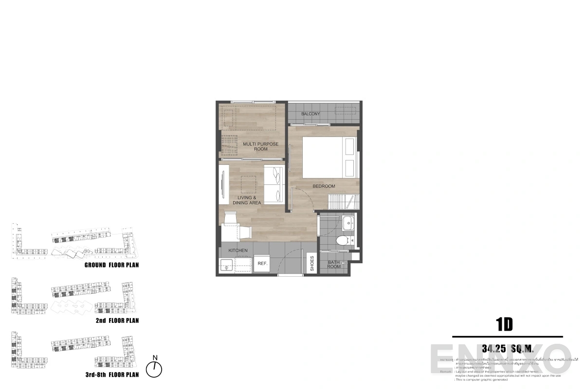 รูปแปลนห้อง 1D ของโครงการ ดีคอนโด รีฟ ภูเก็ต