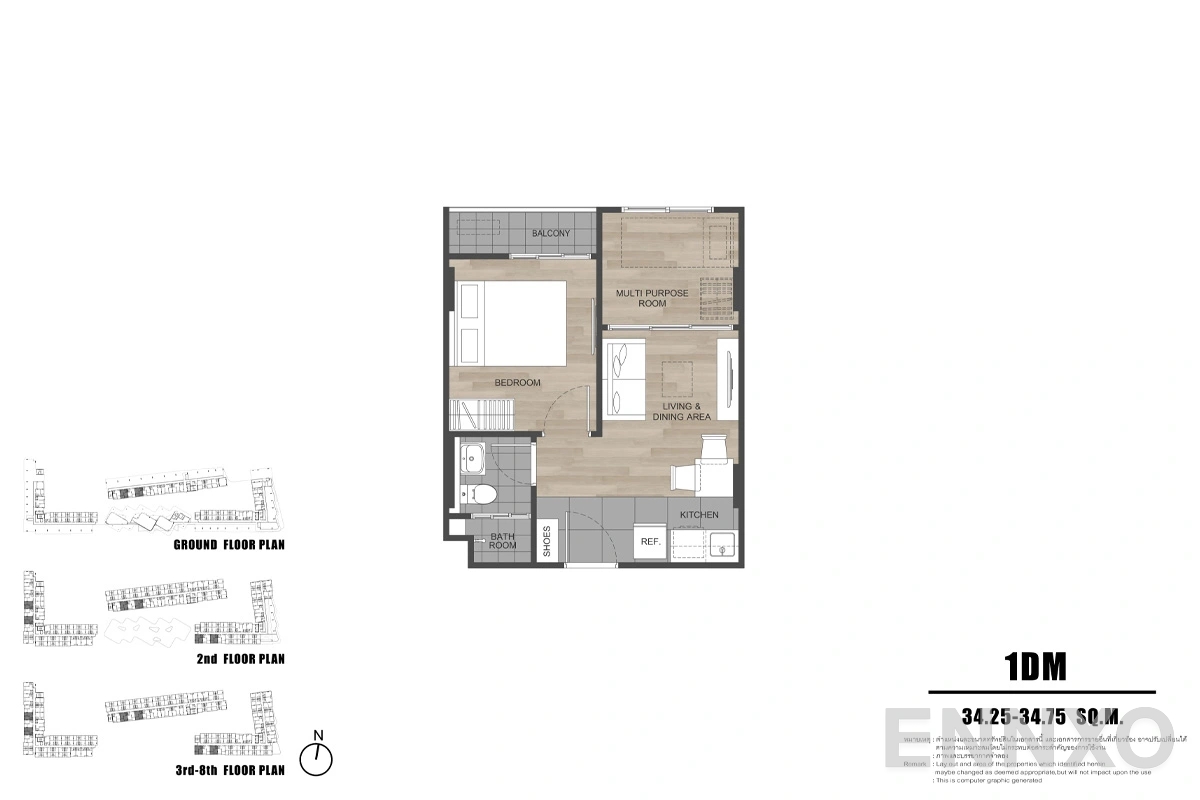 รูปแปลนห้อง 1DM ของโครงการ ดีคอนโด รีฟ ภูเก็ต