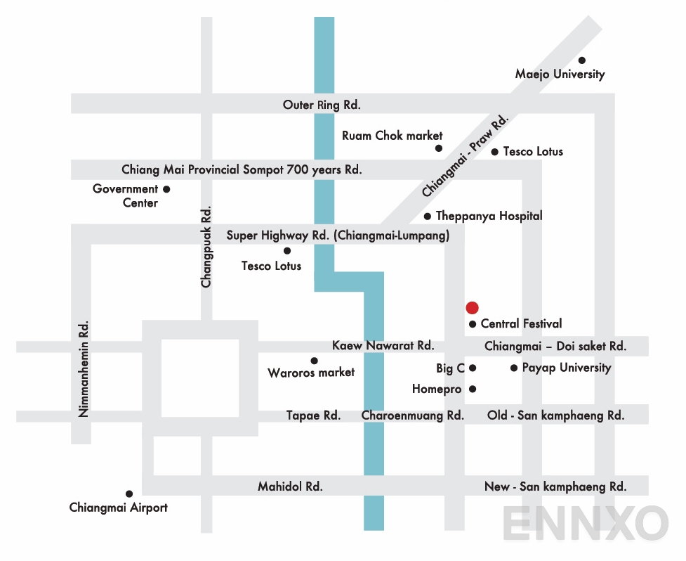 ภาพแผนที่แสดงที่ตั้งโครงการ ดีคอนโด ริน เชียงใหม่ และสถานที่โดยรอบ