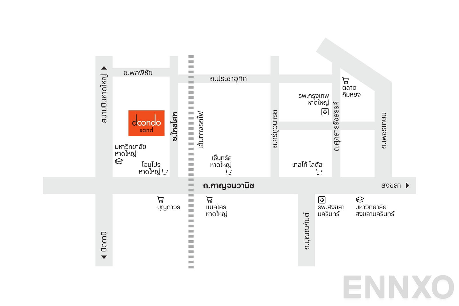 ภาพแผนที่แสดงที่ตั้งโครงการ dcondo Sand Hatyai
(ดีคอนโด แซนด์ หาดใหญ่) และสถานที่โดยรอบ