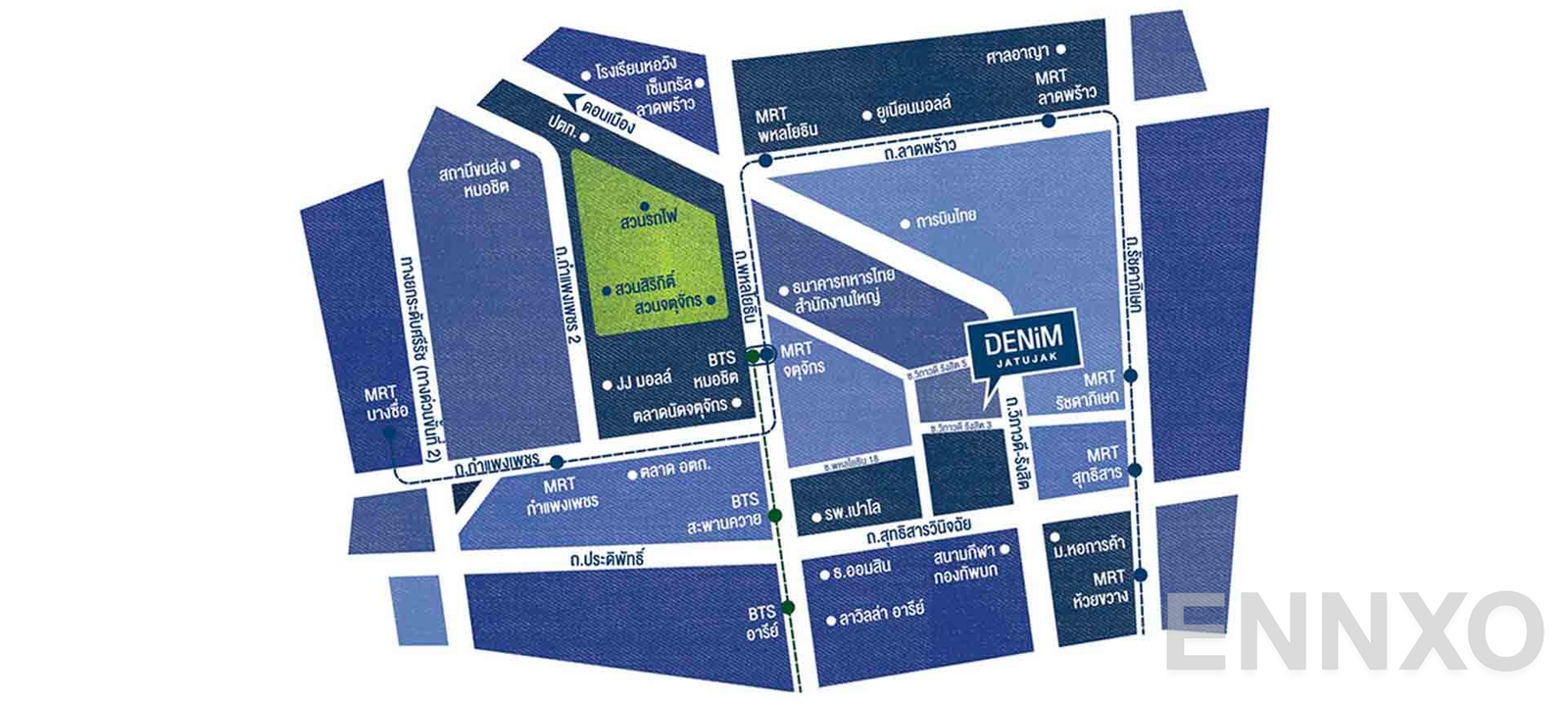 ภาพแผนที่แสดงที่ตั้งโครงการ Denim Jatujak
(เดนิม จตุจักร) และสถานที่โดยรอบ