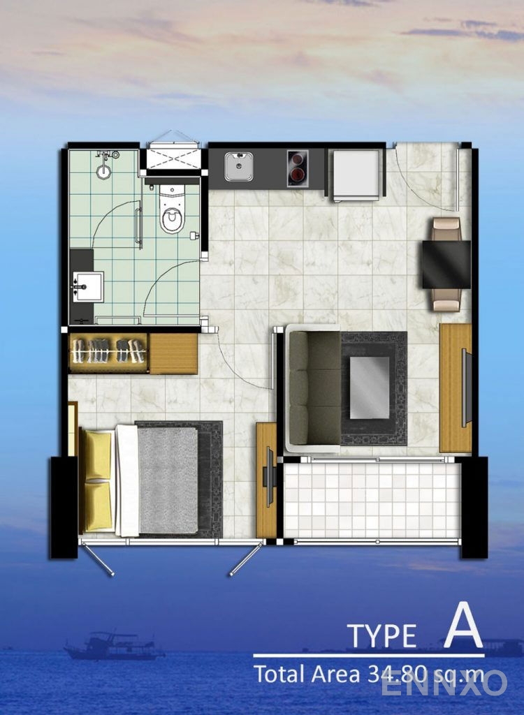 รูปแปลนห้อง Type A ของโครงการ ดุสิต แกรนด์ คอนโด วิว