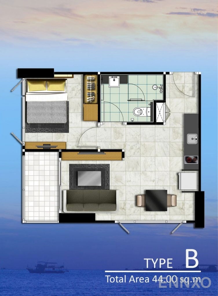 รูปแปลนห้อง Type B ของโครงการ ดุสิต แกรนด์ คอนโด วิว