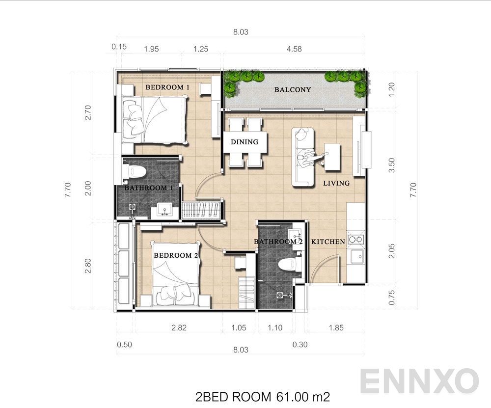 รูปแปลนห้อง 2 Bedrooms ของโครงการ ดุสิต แกรนด์ ปาร์ค 2