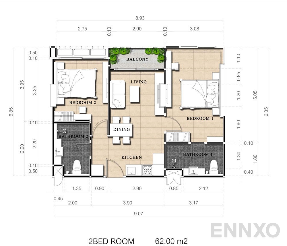 รูปแปลนห้อง 2 Bedrooms ของโครงการ ดุสิต แกรนด์ ปาร์ค 2