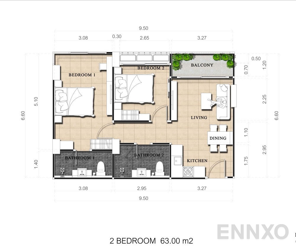 รูปแปลนห้อง 2 Bedrooms ของโครงการ ดุสิต แกรนด์ ปาร์ค 2