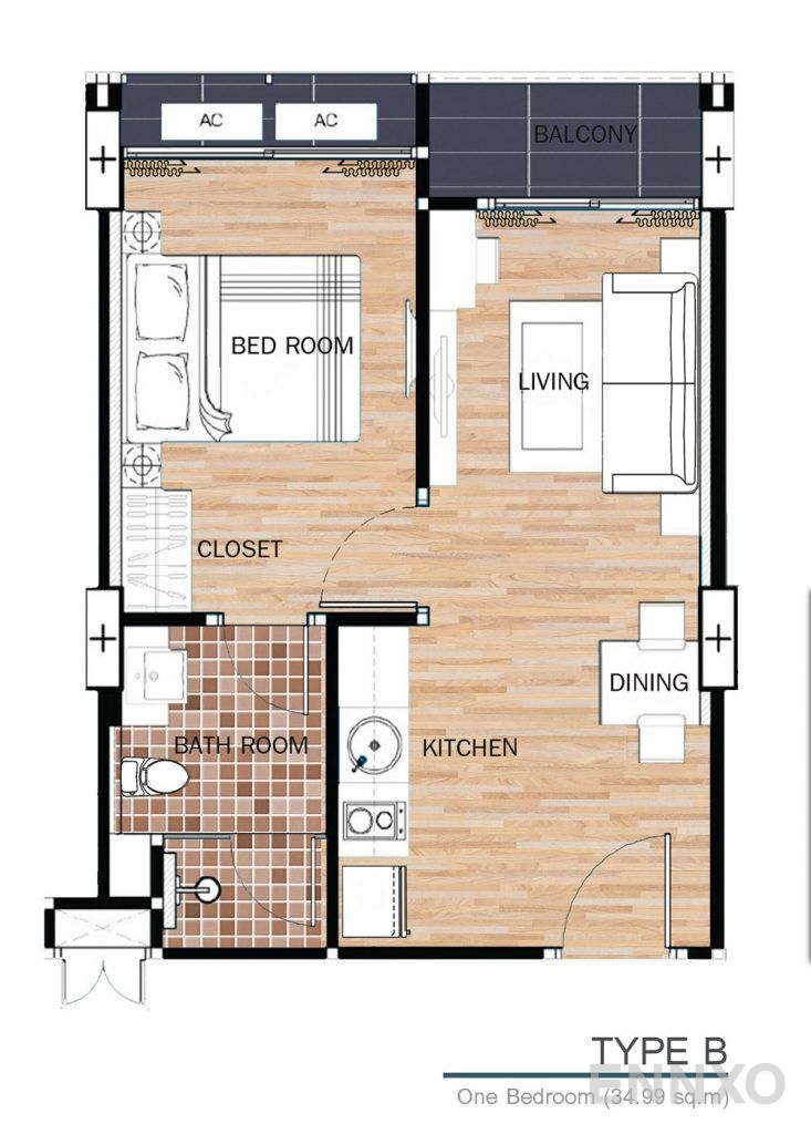 รูปแปลนห้อง Type B ของโครงการ ดุสิต แกรนด์ ปาร์ค