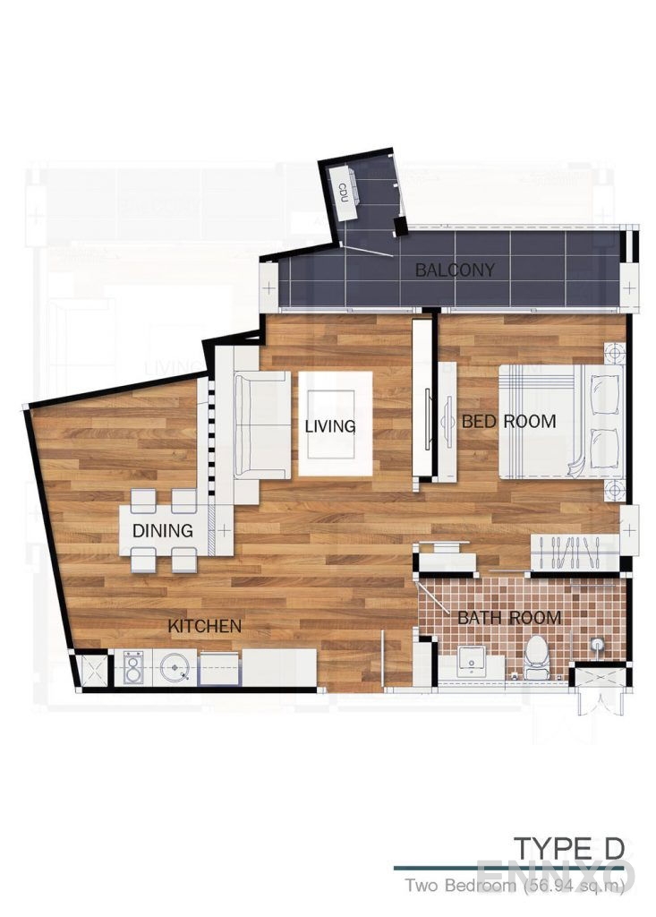 รูปแปลนห้อง Type D ของโครงการ ดุสิต แกรนด์ ปาร์ค
