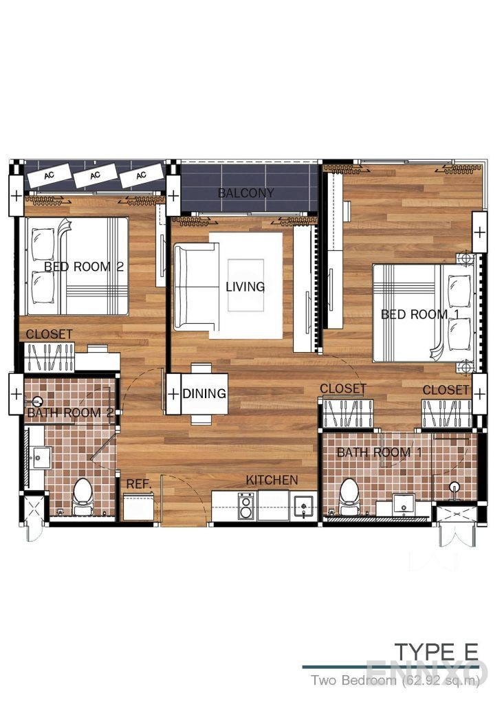 รูปแปลนห้อง Type E ของโครงการ ดุสิต แกรนด์ ปาร์ค