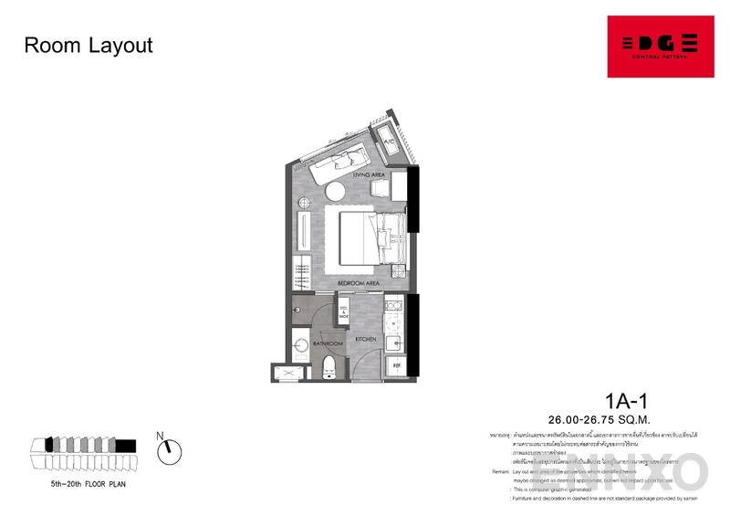 รูปแปลนห้อง 1 Bedroom ของโครงการ เอดจ์ เซ็นทรัล พัทยา