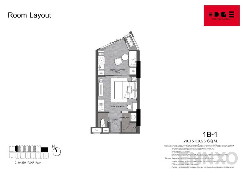 รูปแปลนห้อง 1 Bedroom ของโครงการ เอดจ์ เซ็นทรัล พัทยา