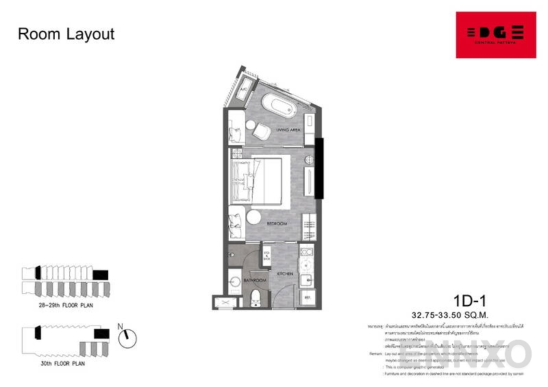 รูปแปลนห้อง 1 Bedroom ของโครงการ เอดจ์ เซ็นทรัล พัทยา