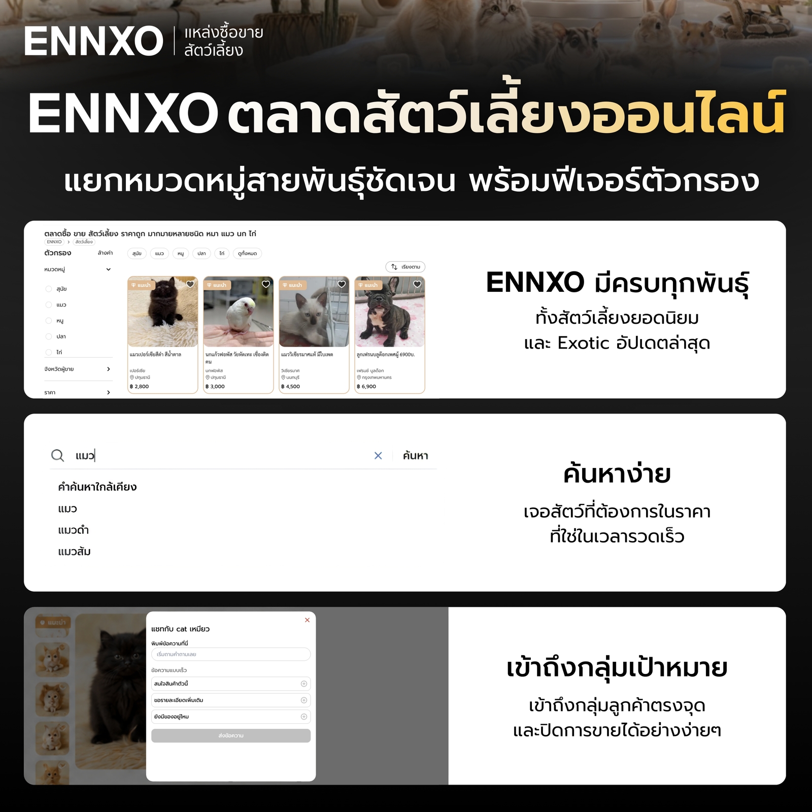จุดเด่น ENNXO ตลาดสัตว์เลี้ยง แยกหมวดหมู่สัตว์เลี้ยงชัดเจน