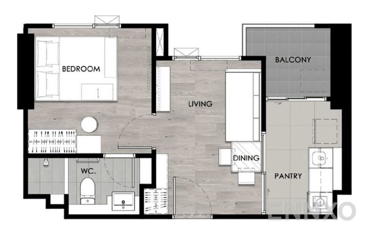 รูปแปลนห้อง 1 Bedroom TYPE B ของโครงการ เอสเซ็นท์ โคราช