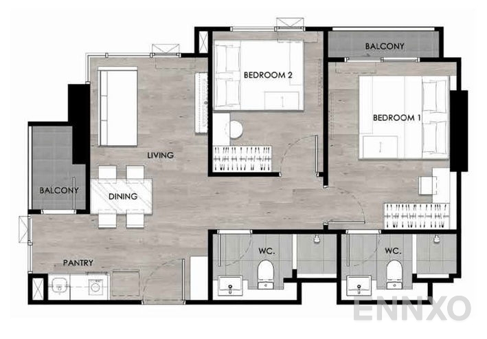 รูปแปลนห้อง 1 Bedroom TYPE E ของโครงการ เอสเซ็นท์ โคราช