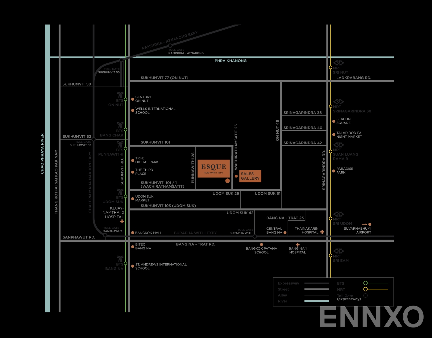 ภาพแผนที่แสดงที่ตั้งโครงการ เอสคิว สุขุมวิท 101/1 และสถานที่โดยรอบ
