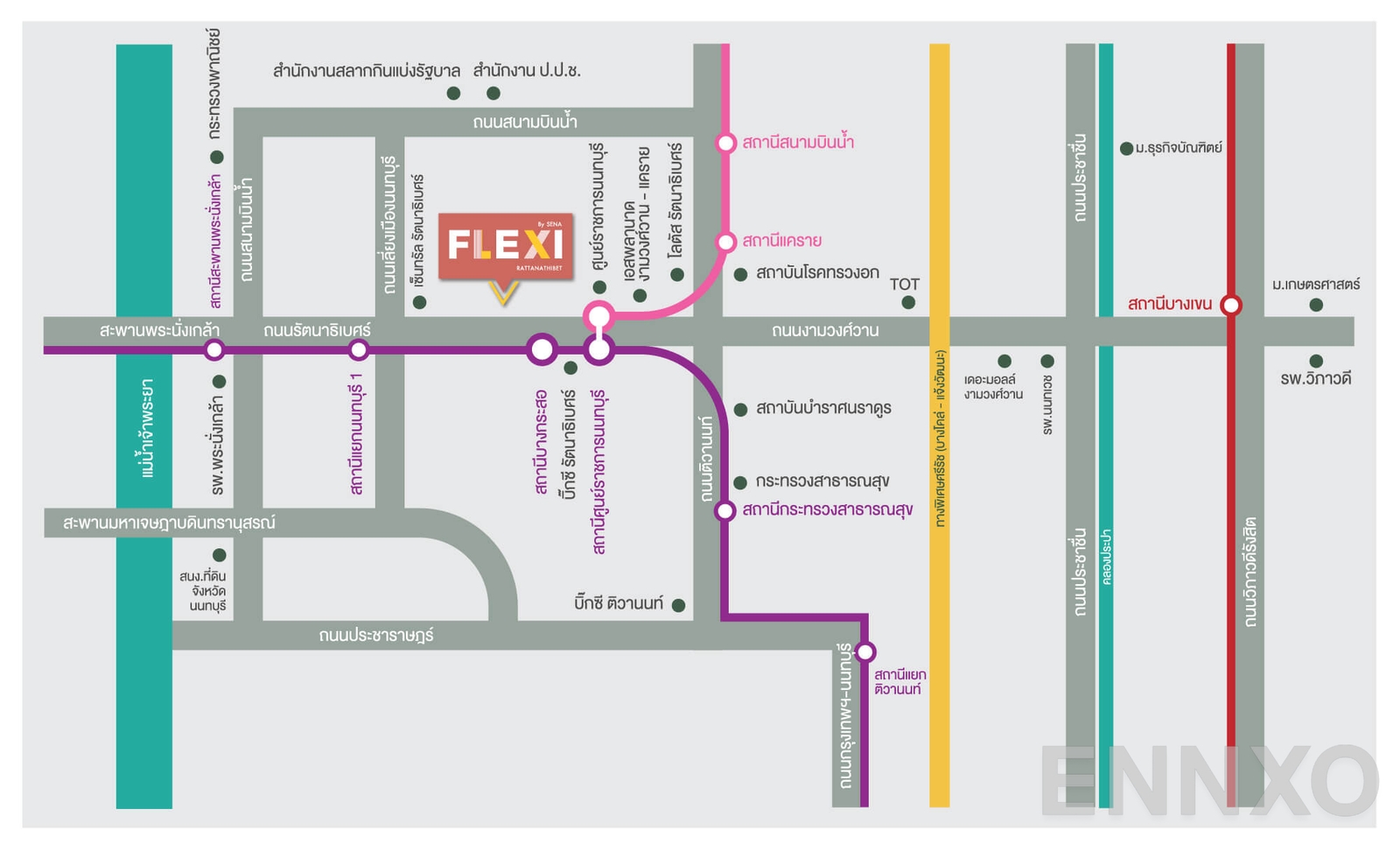ภาพแผนที่แสดงที่ตั้งโครงการ Flexi Rattanathibet
(เฟล็กซี่ รัตนาธิเบศร์) และสถานที่โดยรอบ
