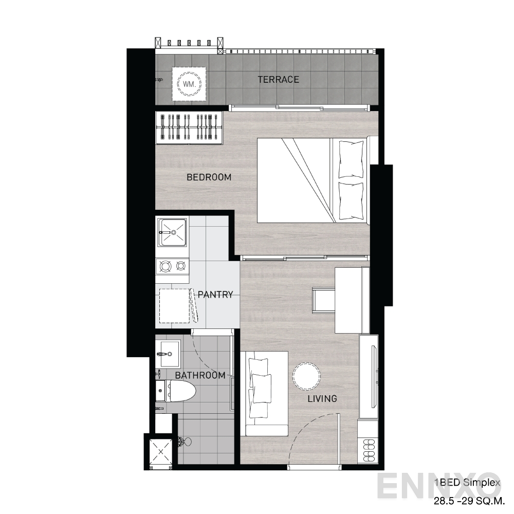 รูปแปลนห้อง 1BED Simplex ของโครงการ เฟล็กซี่ รัตนาธิเบศร์