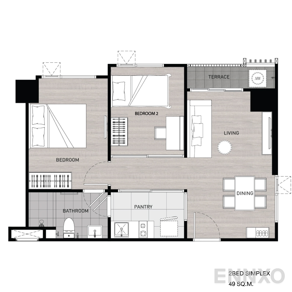 รูปแปลนห้อง 2BED Simplex ของโครงการ เฟล็กซี่ รัตนาธิเบศร์