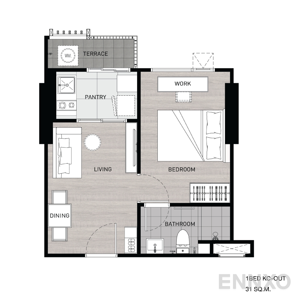 รูปแปลนห้อง 1BED KC-Out ของโครงการ เฟล็กซี่ รัตนาธิเบศร์