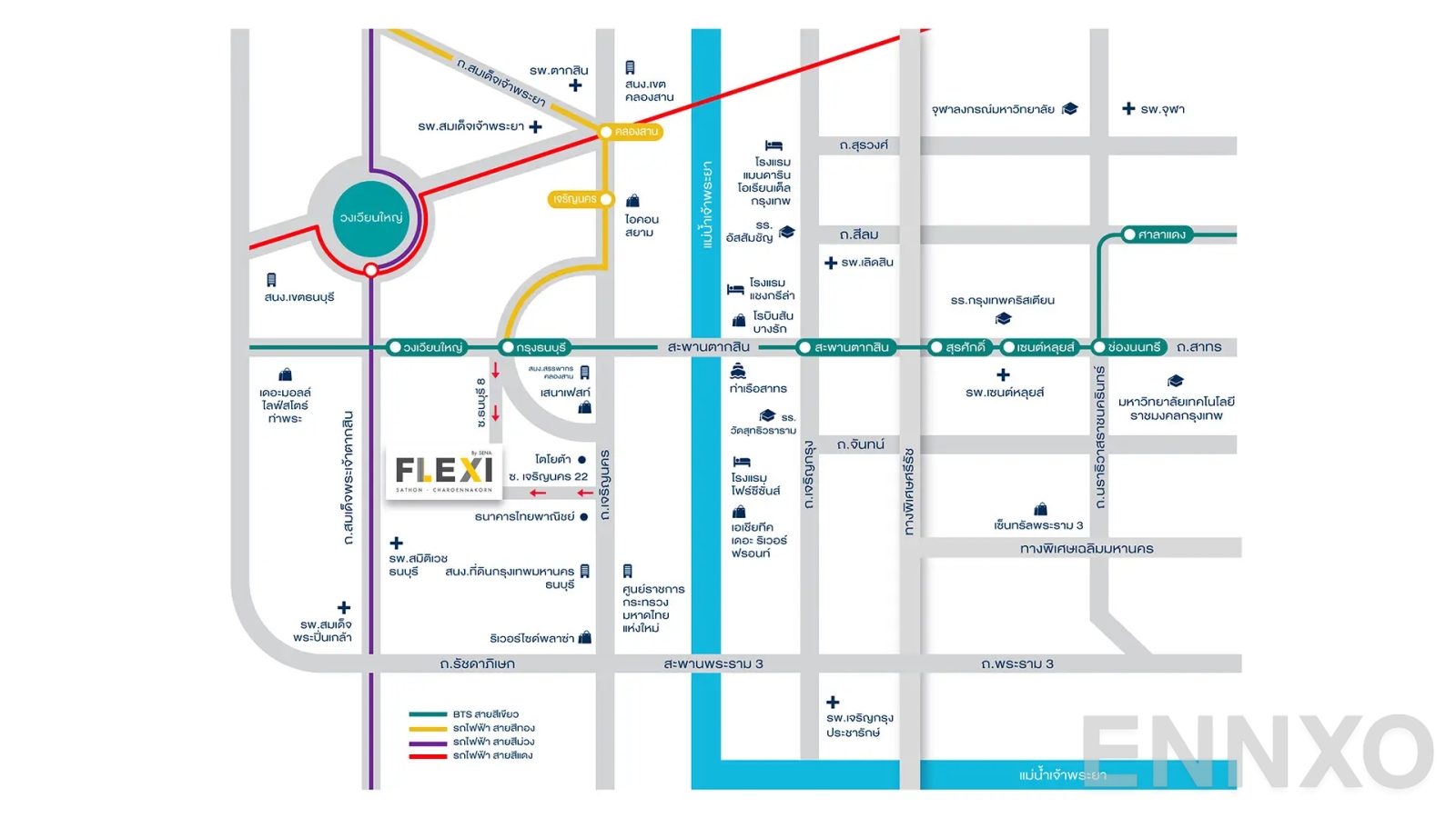 ภาพแผนที่แสดงที่ตั้งโครงการ Flexi Sathon - Charoennakhon และสถานที่โดยรอบ