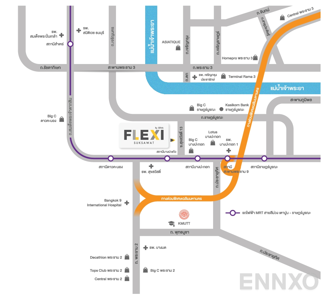 ภาพแผนที่แสดงที่ตั้งโครงการ Flexi Suksawat
(เฟล็กซี่ สุขสวัสดิ์) และสถานที่โดยรอบ