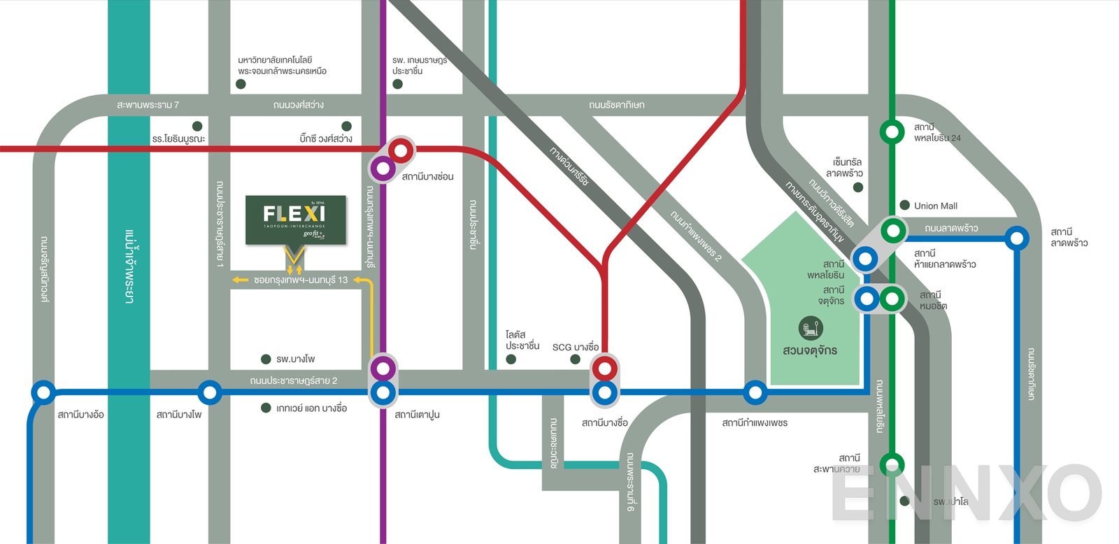 ภาพแผนที่แสดงที่ตั้งโครงการ Flexi Taopoon Interchange
(เฟล็กซี่ เตาปูน - อินเตอร์เชนจ์) และสถานที่โดยรอบ