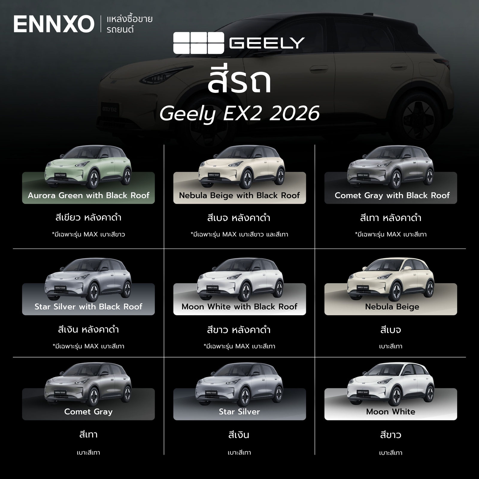 Geely EX2 2026 สีรถทั้งหมด