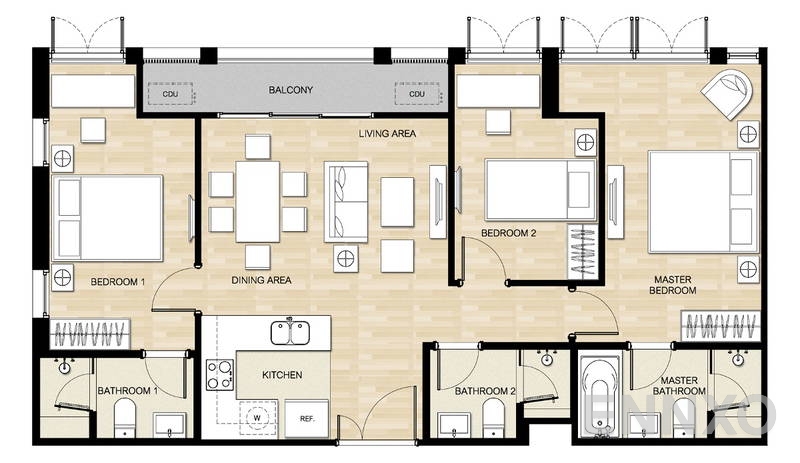 รูปแปลนห้อง 3 Bedrooms ของโครงการ Hasu Haus