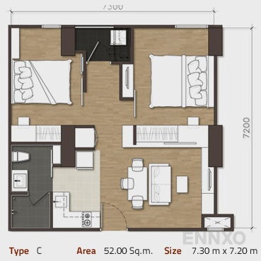 รูปแปลนห้อง 2 Bedrooms ของโครงการ เฮ้าส์ 23 รัชดา-ลาดพร้าว