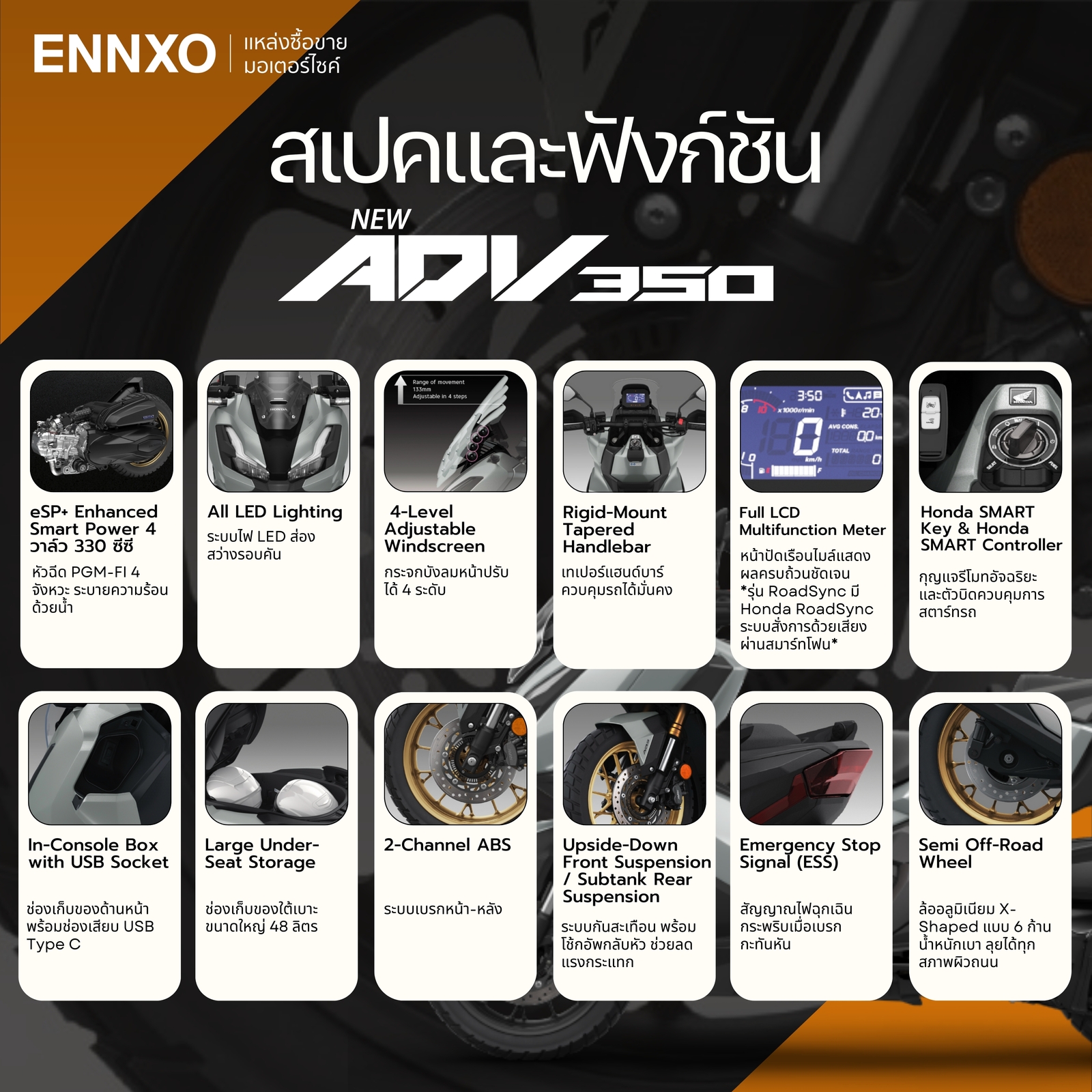 สเปคและฟังก์ชันมอเตอร์ไซค์ Honda ADV 350