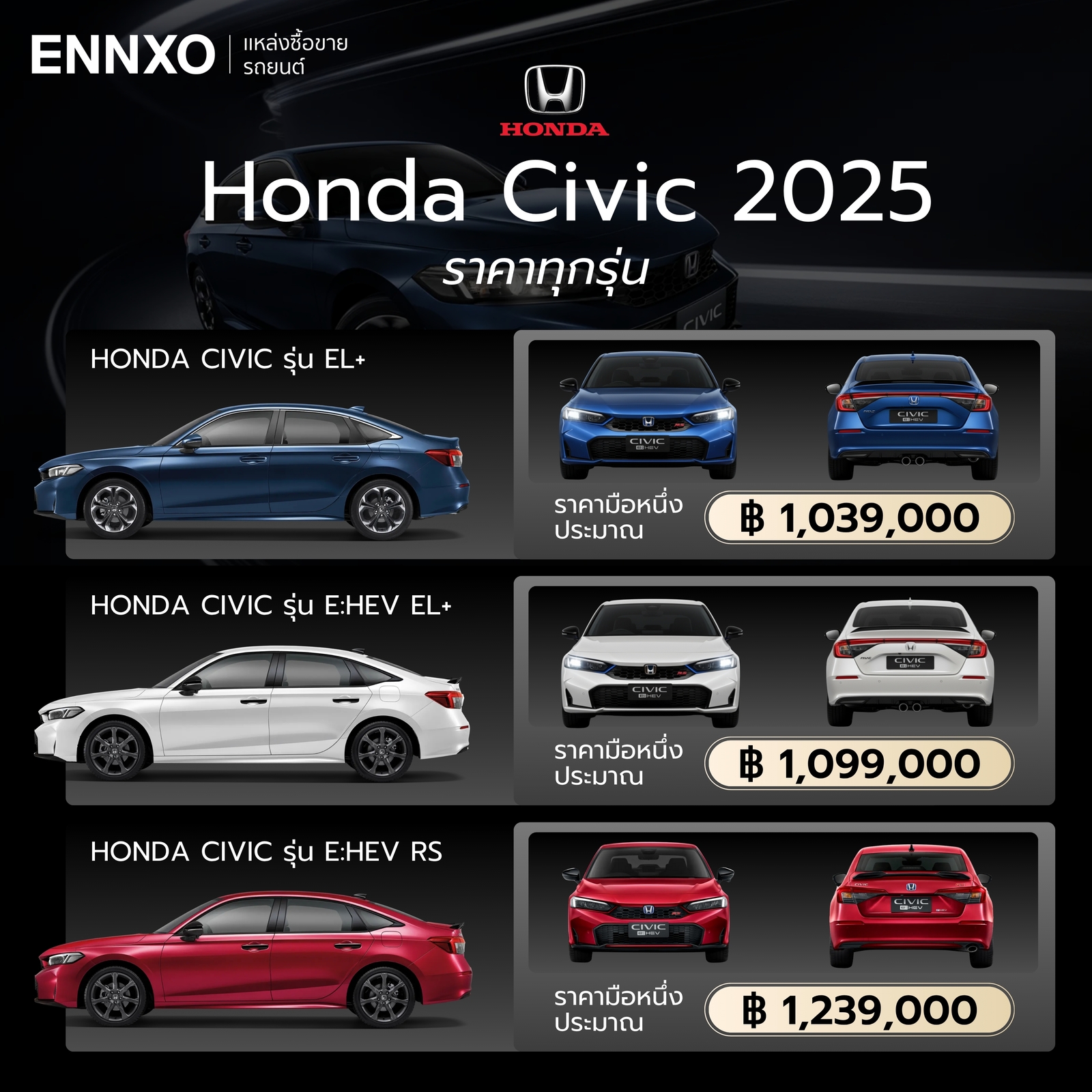 ราคาทุกรุ่นของฮอนด้า ซีวิค 2025