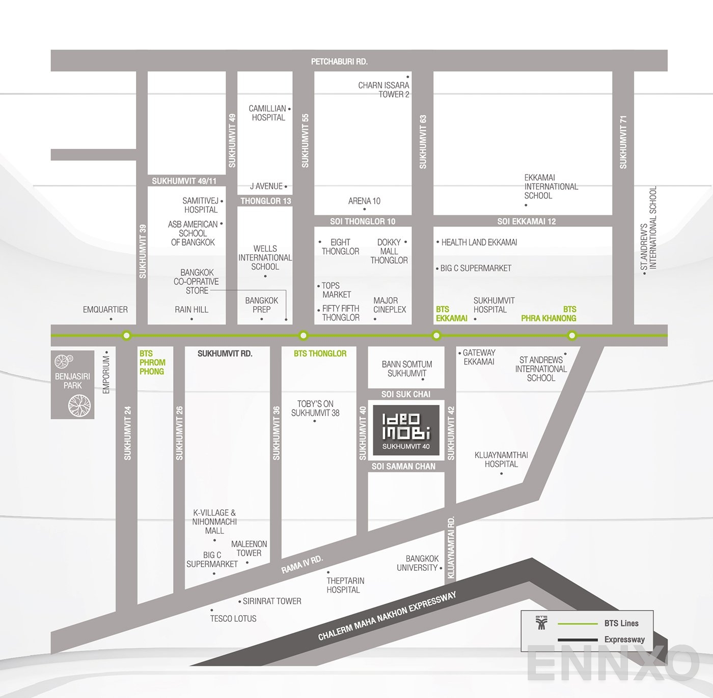 ภาพแผนที่แสดงที่ตั้งโครงการ Ideo Mobi Sukhumvit 40
(ไอดีโอ โมบิ สุขุมวิท 40) และสถานที่โดยรอบ