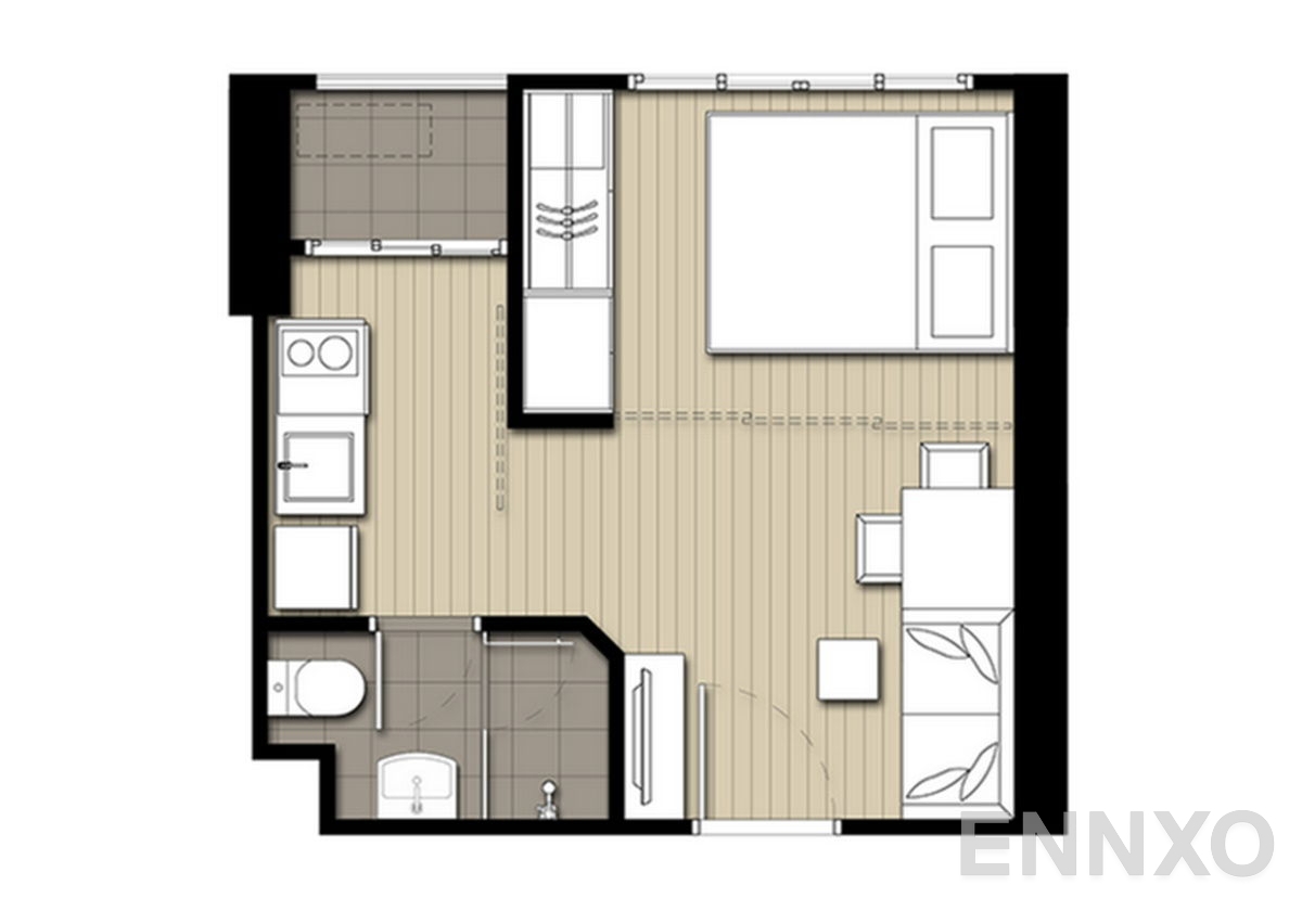 รูปแปลนห้อง 1 Bedroom ของโครงการ Ideo Mobi Wongsawang - Interchange