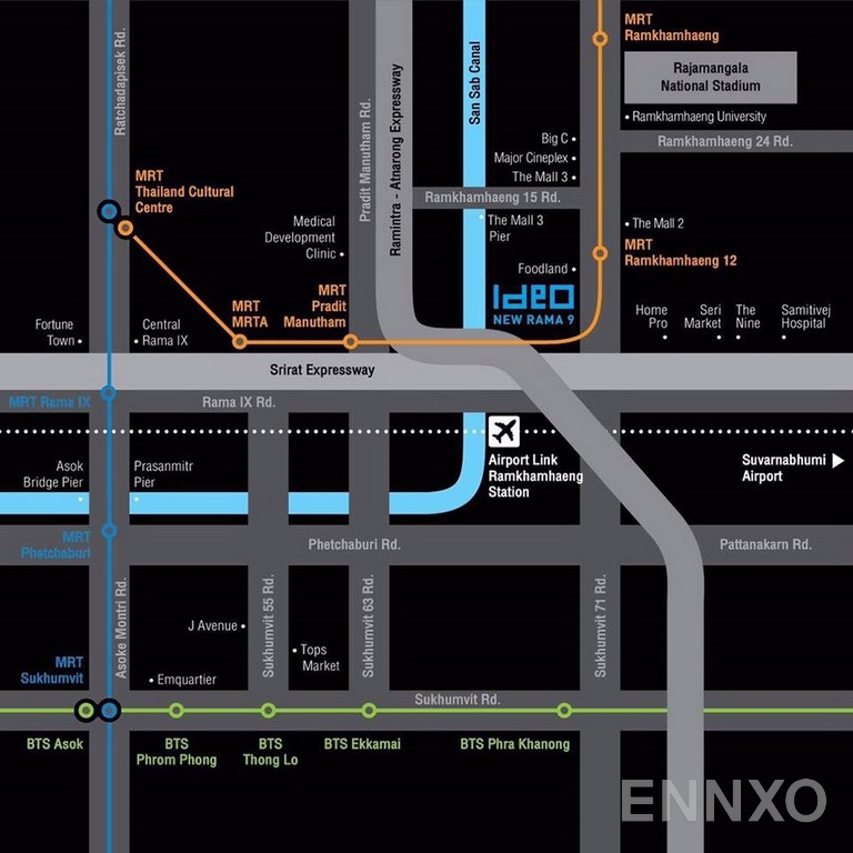 ภาพแผนที่แสดงที่ตั้งโครงการ ไอดีโอ พระราม 9-ตัดใหม่ และสถานที่โดยรอบ