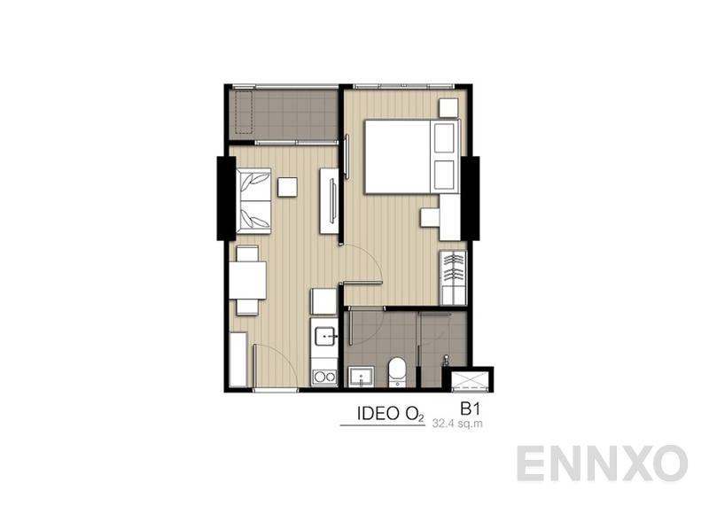 รูปแปลนห้อง 1 Bedroom ของโครงการ ไอดีโอ โอทู