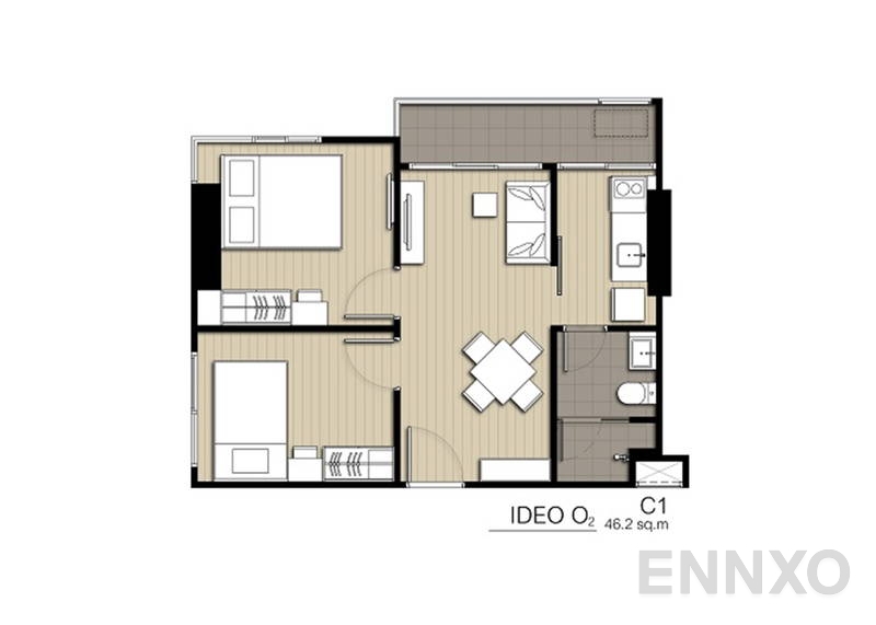 รูปแปลนห้อง 2 Bedroom ของโครงการ ไอดีโอ โอทู