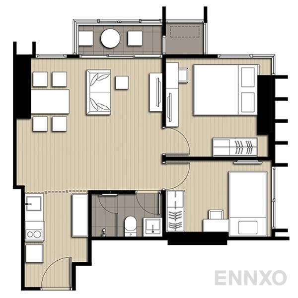 รูปแปลนห้อง 2 Bedrooms ของโครงการ ไอดีโอ คิว จุฬา-สามย่าน