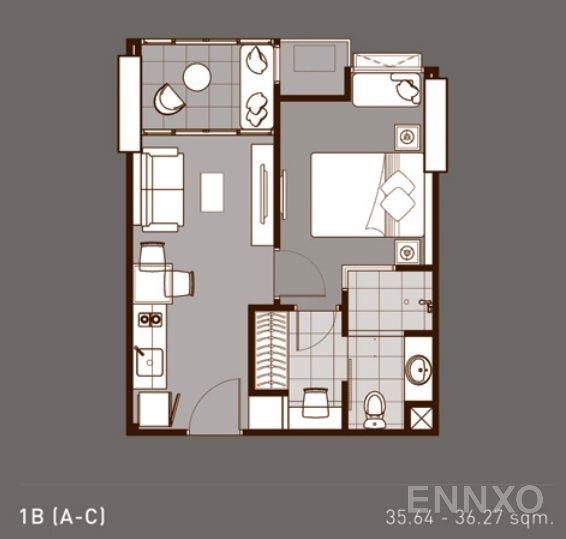 รูปแปลนห้อง 1 Bedroom ของโครงการ ไอดีโอ คิว พญาไท