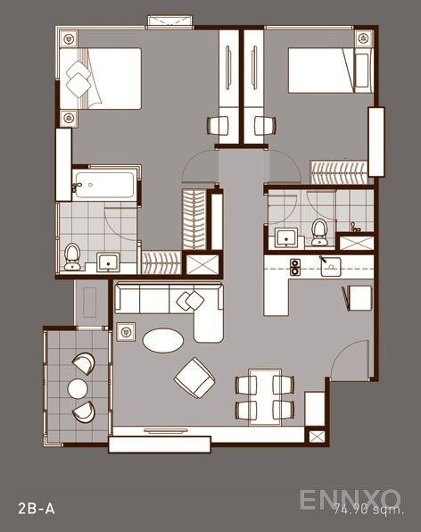 รูปแปลนห้อง 2 Bedrooms ของโครงการ ไอดีโอ คิว พญาไท