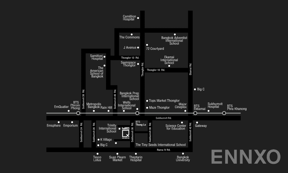 ภาพแผนที่แสดงที่ตั้งโครงการ Ideo Q Sukhumvit 36 และสถานที่โดยรอบ