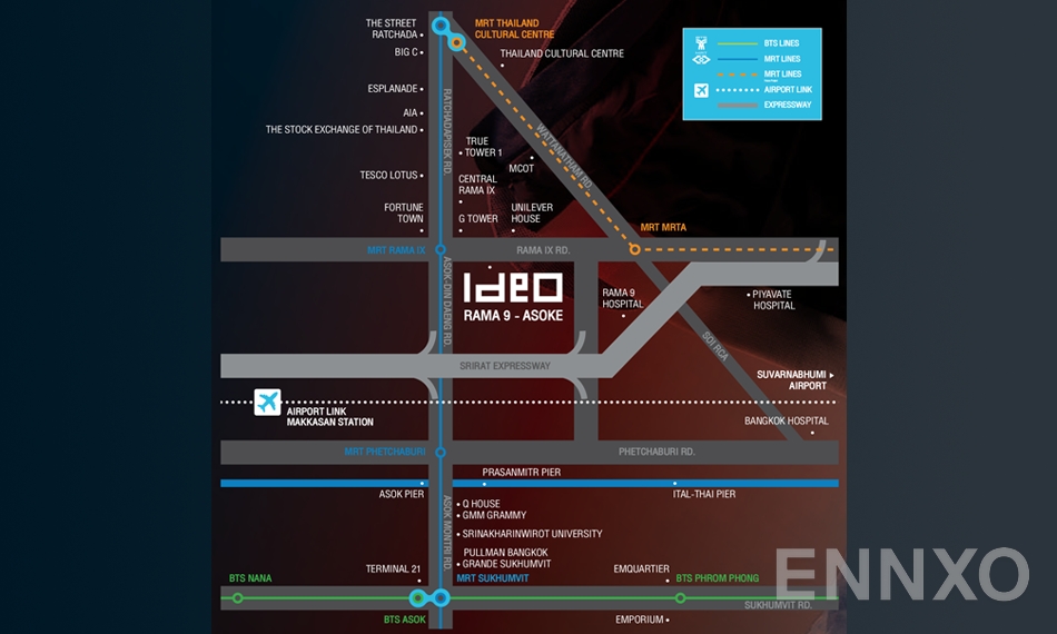 ภาพแผนที่แสดงที่ตั้งโครงการ ไอดีโอ พระราม 9-อโศก และสถานที่โดยรอบ