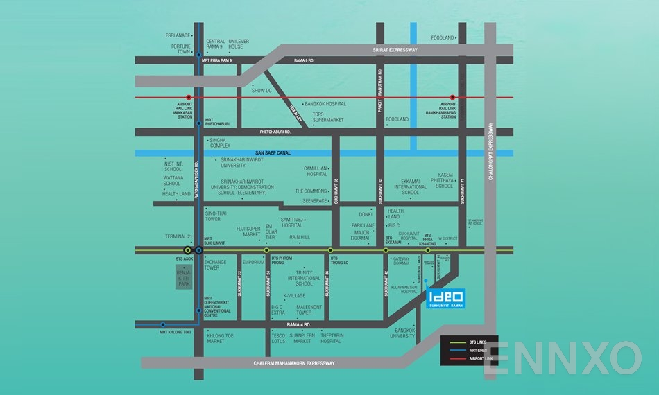 ภาพแผนที่แสดงที่ตั้งโครงการ Ideo Sukhumvit – Rama 4
(ไอดีโอ สุขุมวิท-พระราม 4) และสถานที่โดยรอบ