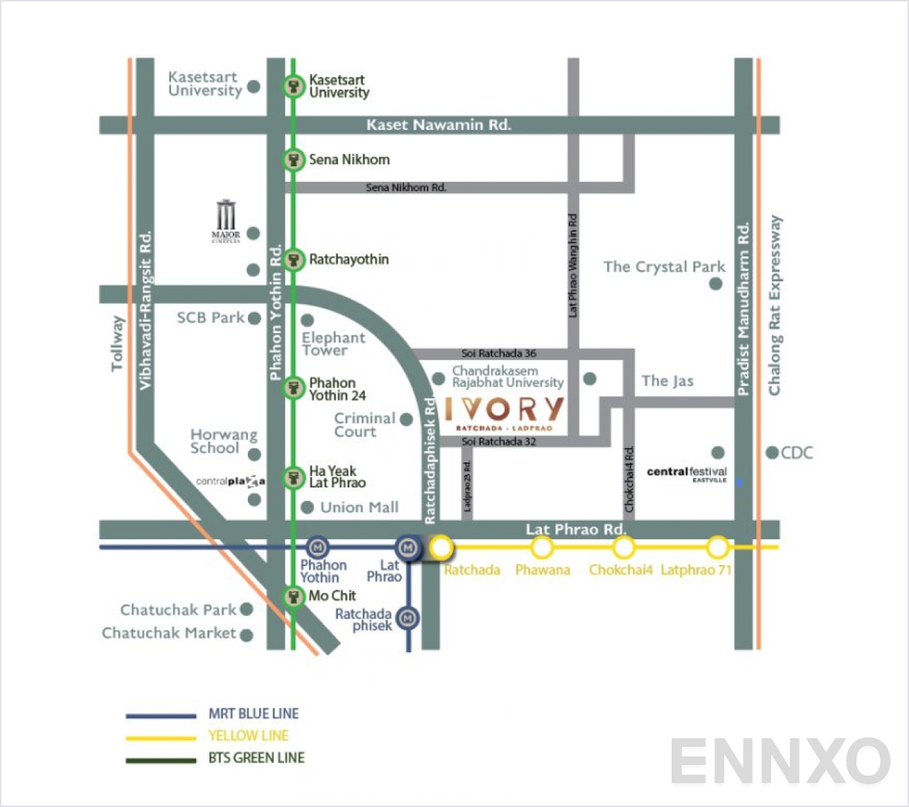ภาพแผนที่แสดงที่ตั้งโครงการ IVORY Ratchada 32 และสถานที่โดยรอบ