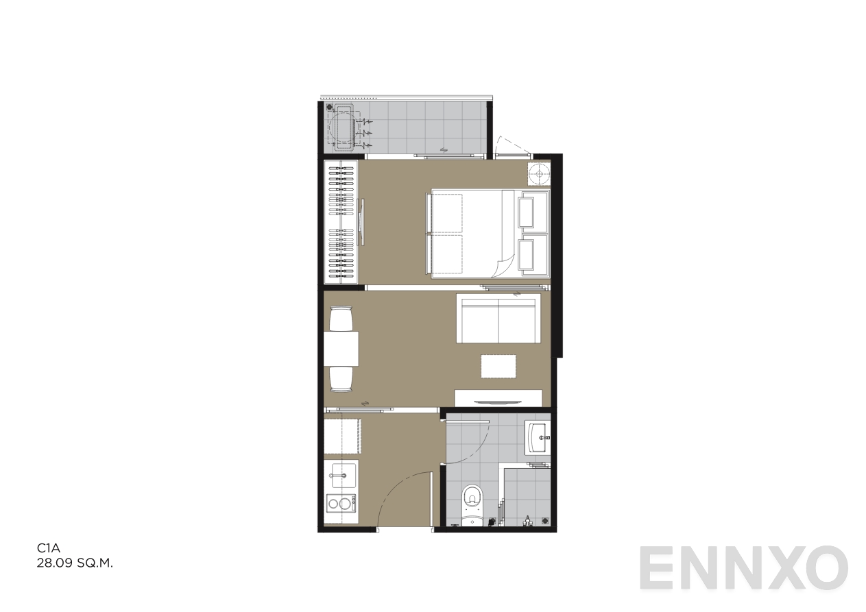 รูปแปลนห้อง C1A 28.09 SQ.M. ของโครงการ IVORY Ratchada 32