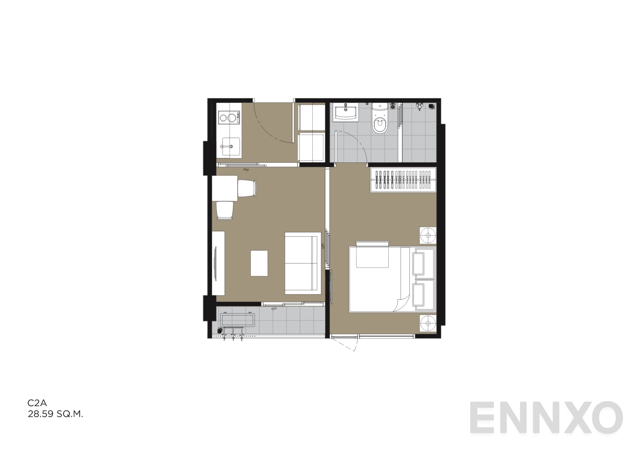 รูปแปลนห้อง C2A 28.59 SQ.M. ของโครงการ IVORY Ratchada 32
