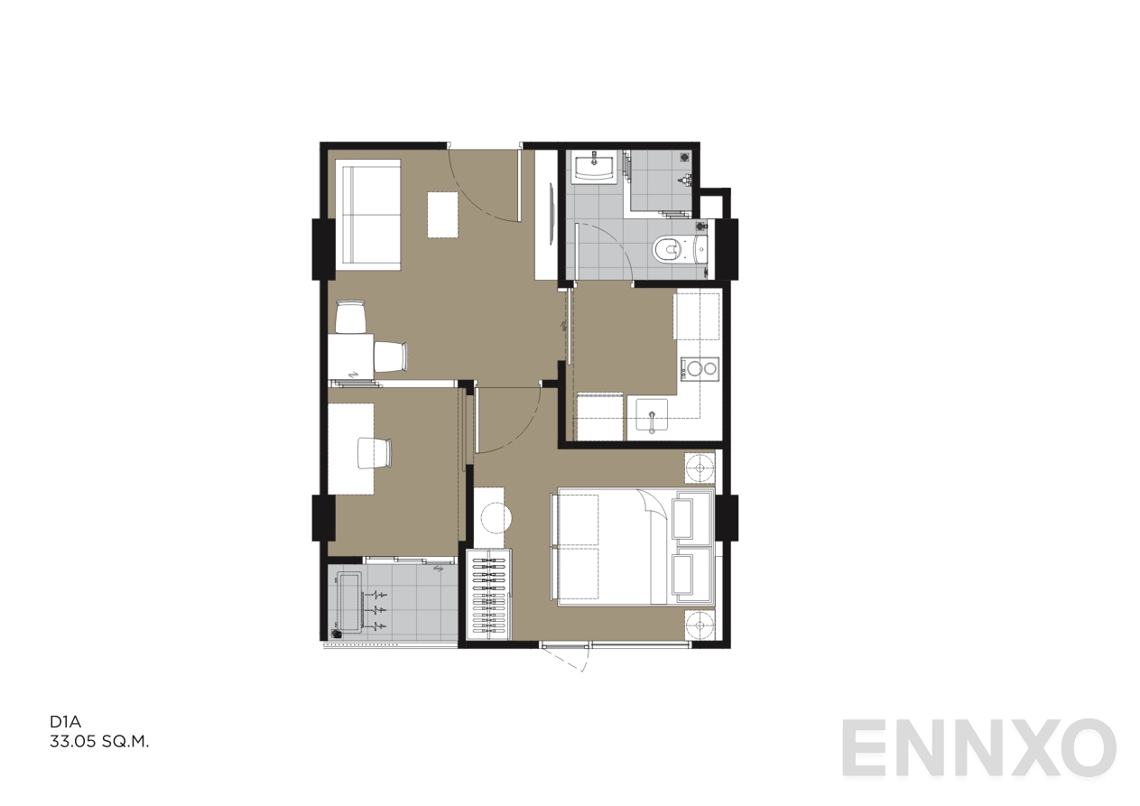 รูปแปลนห้อง D1A 33.05 SQ.M. ของโครงการ IVORY Ratchada 32