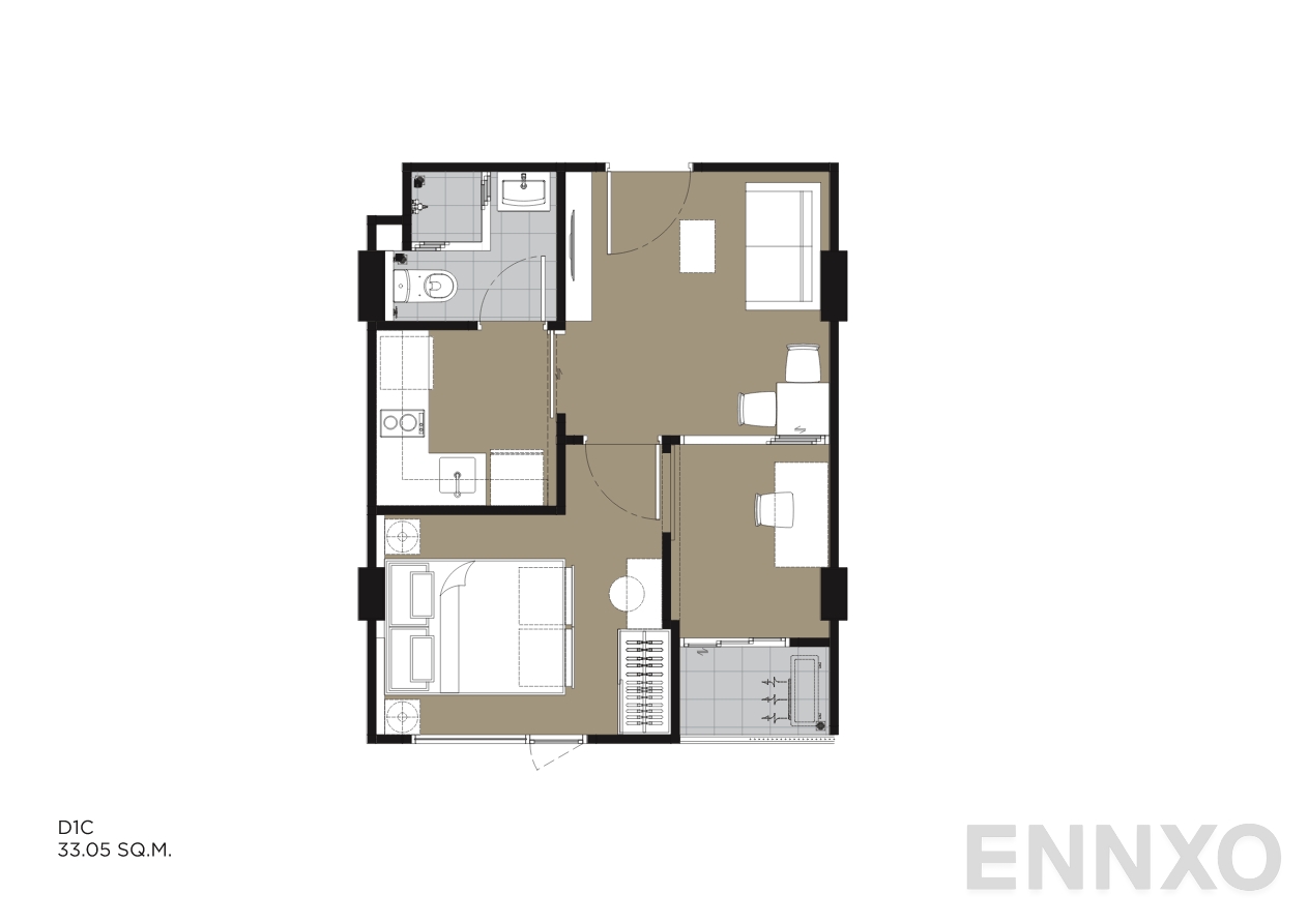 รูปแปลนห้อง D1C 33.05 SQ.M. ของโครงการ IVORY Ratchada 32