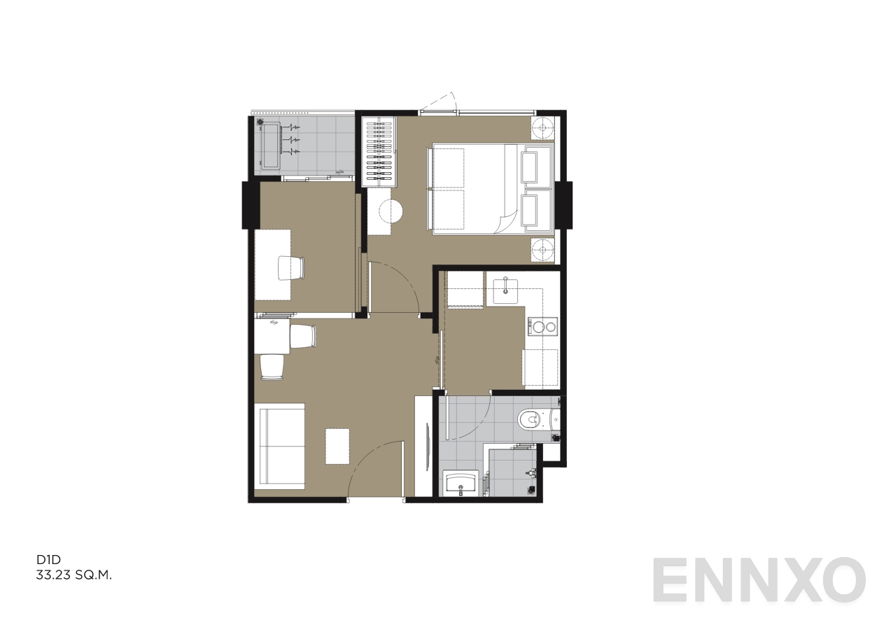 รูปแปลนห้อง D1D 33.23 SQ.M. ของโครงการ IVORY Ratchada 32